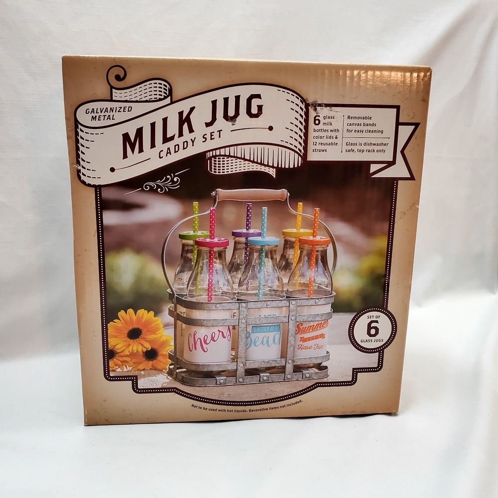 Milk Jug Caddy Set-Galvanized Carrying Caddy-6 Bottle Glass W/Lids &‎ Straws-NEW